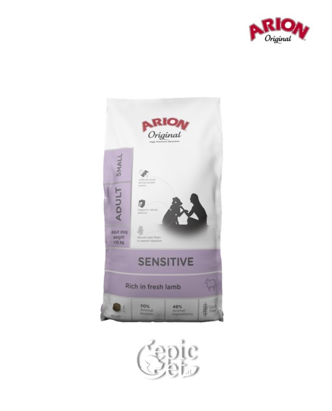 Arion Original Sensitive Small (24/17) 7kg + 1kg - Adult, Monoproteico, Agnello & Riso, Sensibili
