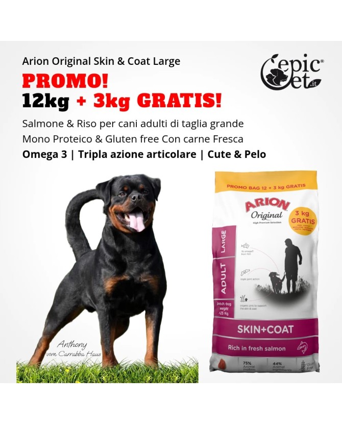 Arion Original Skin & Coat Large (24/14)  OFFERTA 12kg + 3kg Gratis! - Adult, Monoproteico, Salmone & Riso, Cute & Pelo