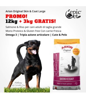 Arion Original Skin & Coat Large (24/14)  OFFERTA 12kg + 3kg Gratis! - Adult, Monoproteico, Salmone & Riso, Cute & Pelo